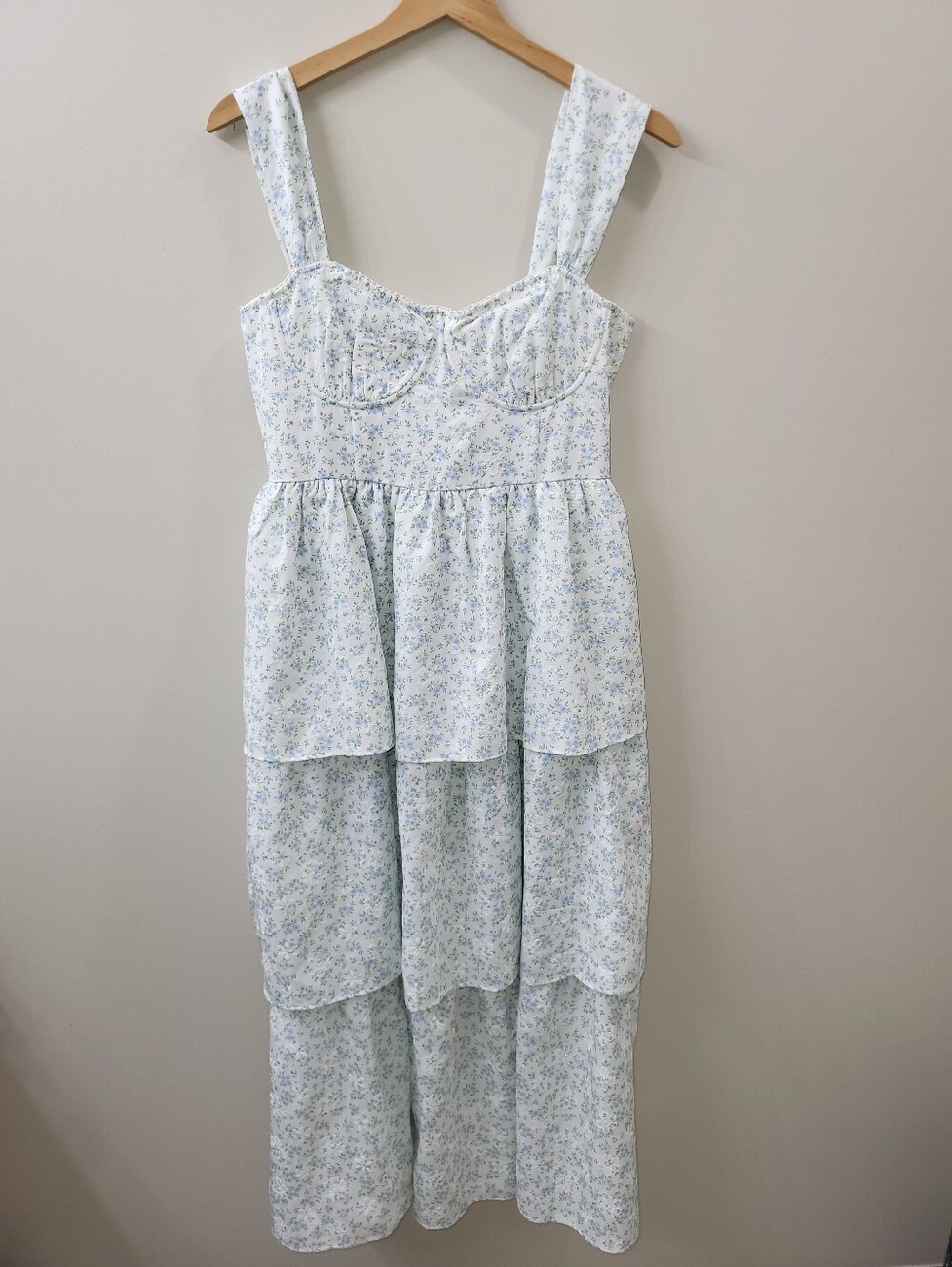 Tiered Square-Neck Midi Dress in Light Floral